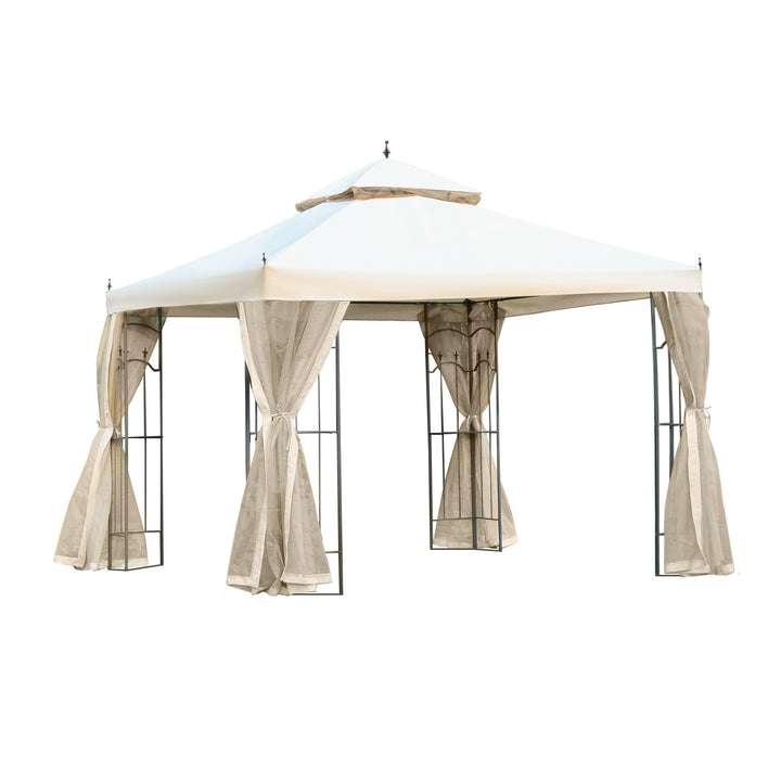 Outsunny Garden Gazebo: Double Top Canopy, 300x300cm, Outdoor Patio Event Tent with Mesh Curtain, Beige