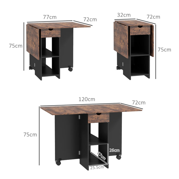 Folding Dining Table, Drop Leaf Table for Small Spaces, Foldable Table with Drawer and Storage Shelves for Kitchen, Dining Room, Rustic Brown