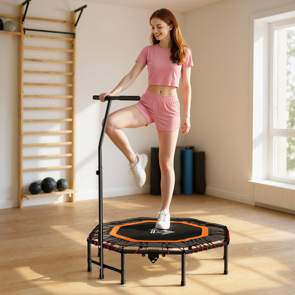 Fitness Trampoline, Bouncer with Adjustable Handle, Max Load 150 kg