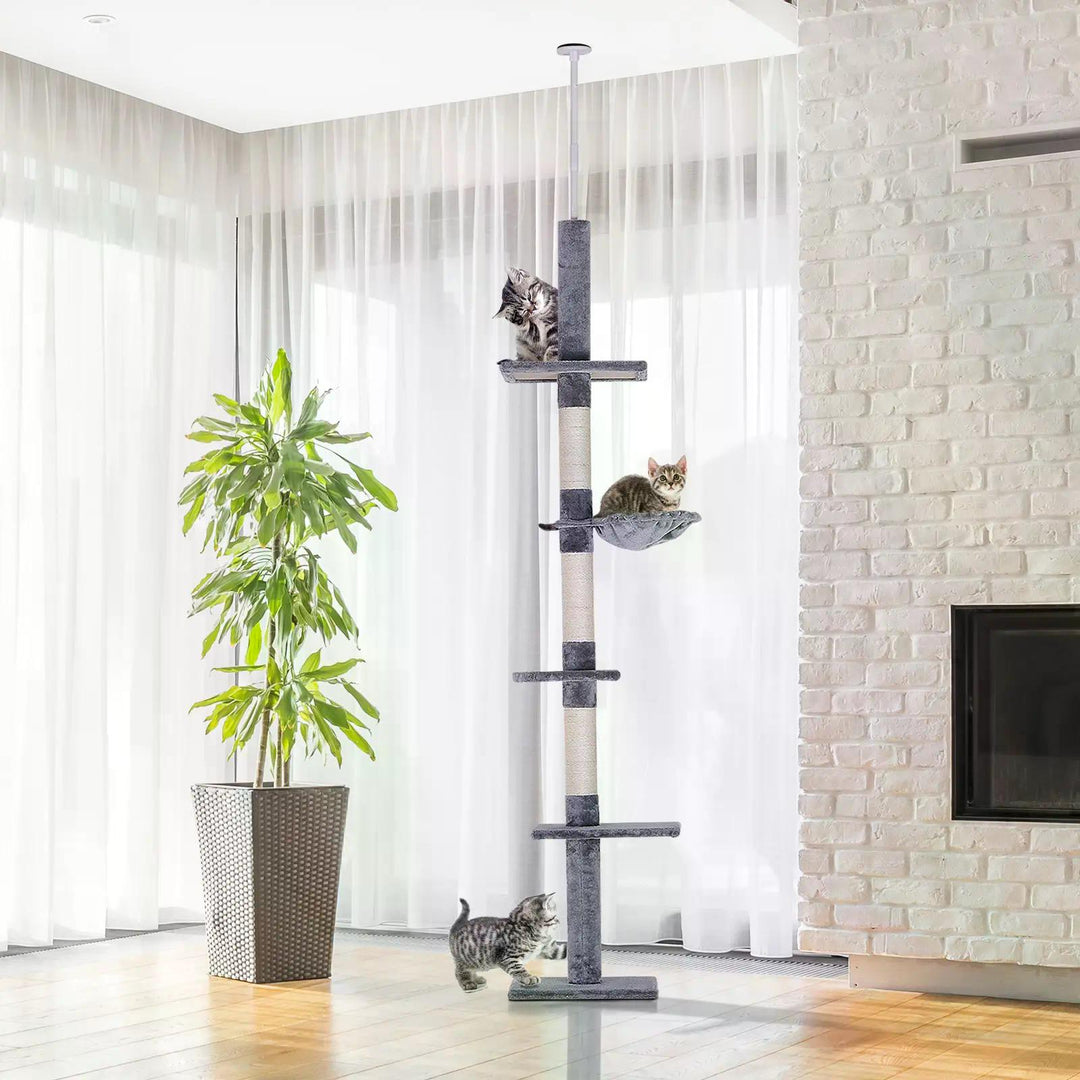 PawHut Cats Floor to Ceiling Scratching Post w/ 5-Tier Plush Leisure Platforms Grey | Aosom UK