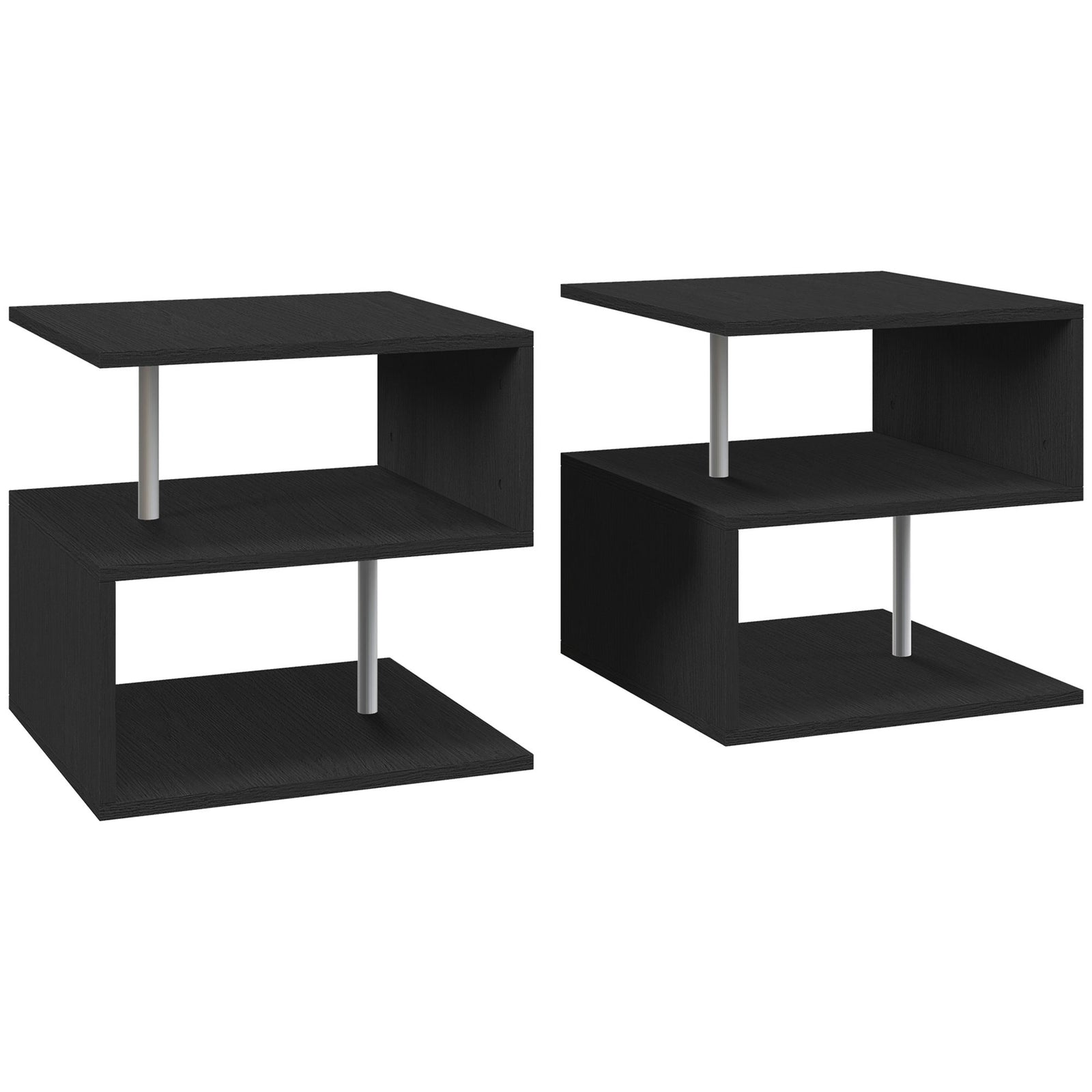 Wooden S Shape Cube Coffee Table 2 Tier Storage Shelves Organiser Office Bookcase Living Room End Desk Stand Display Set of 2 (Black)