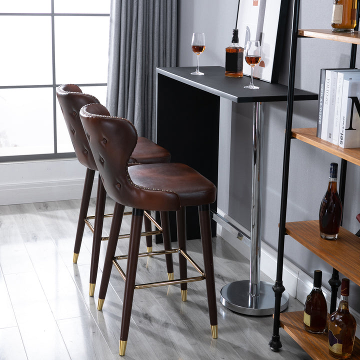 HOMCOM Bar Chair Set of 2, PU Leather Vintage Counter-Height Bar Stool, Luxury European Style Kitchen Stools with Back, Brown | Aosom UK