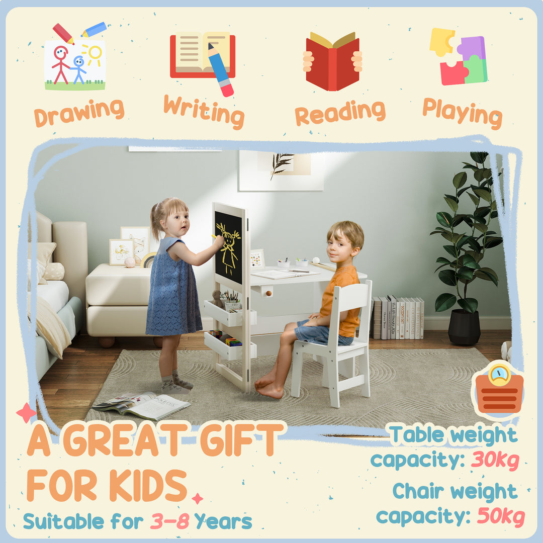 MCL 3 in 1 Kids Table and Chair Set with Storage, Whiteboard, Blackboard & Roll Paper for 3-8 Years, White