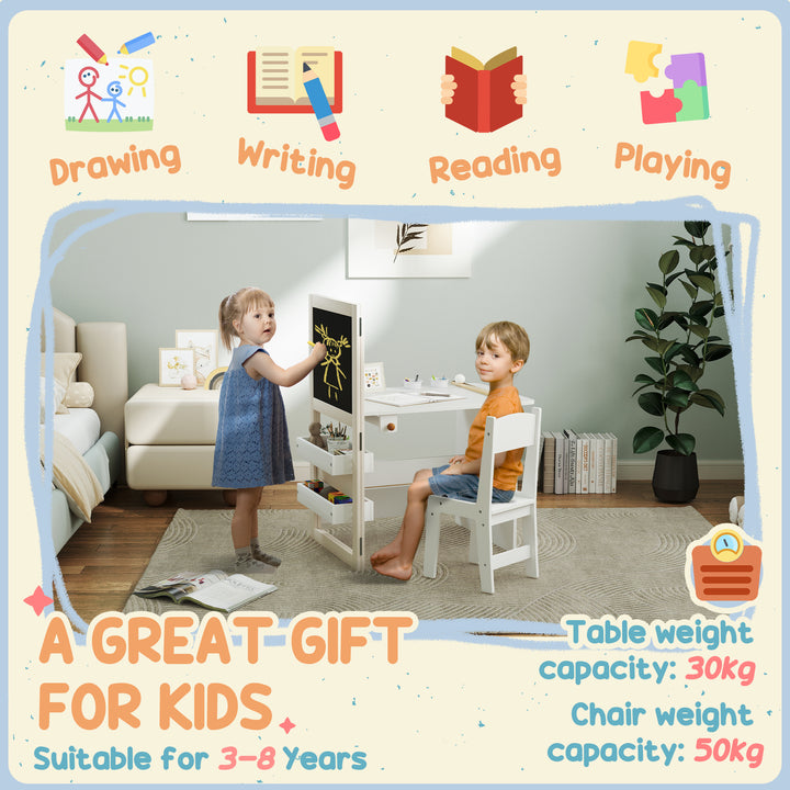 MCL 3 in 1 Kids Table and Chair Set with Storage, Whiteboard, Blackboard & Roll Paper for 3-8 Years, White