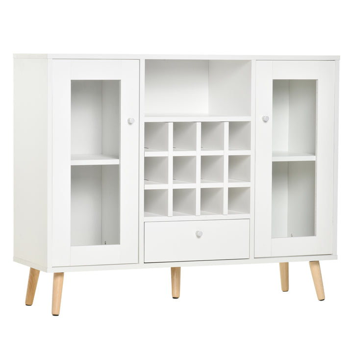 MCL Modern Sideboard Storage Cabinet Kitchen Cupboard Dining Bar Server with Glass Doors, Drawer & 12-Bottle Wine Rack for Living Room, White