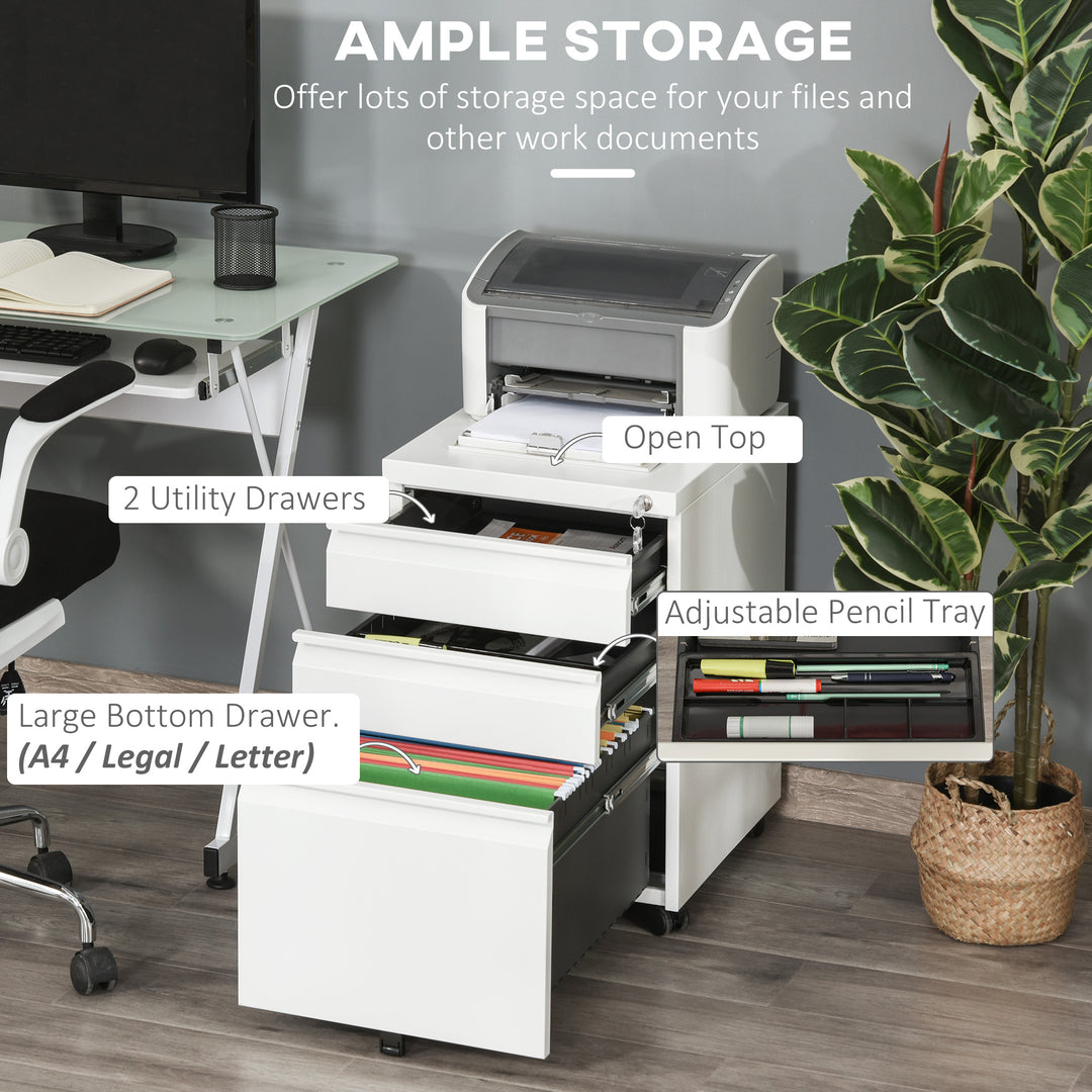 3 Drawer Filling Cabinet, Mobile Metal File Cabinet with Anti-tilt Design for Letter, A4, Legal Size, White