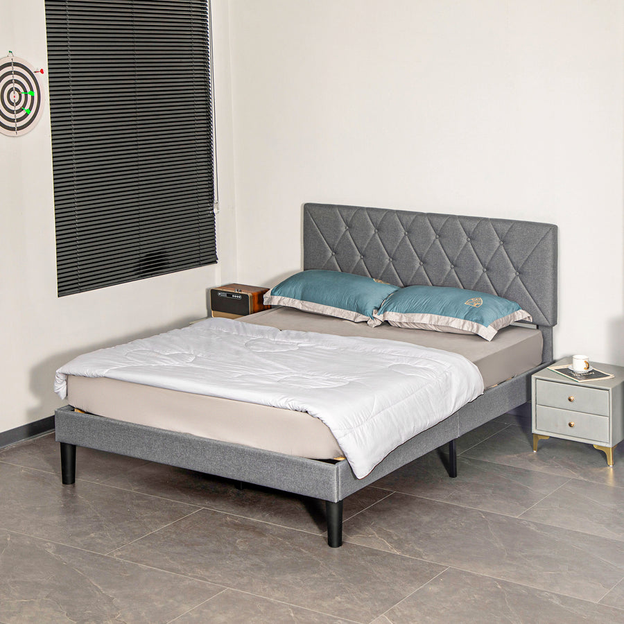 Double Bed Frame with 5-Level Adjustable Linen Upholstered Headboard, Wooden Slats Mattress Foundation, No Box Spring Needed, Grey