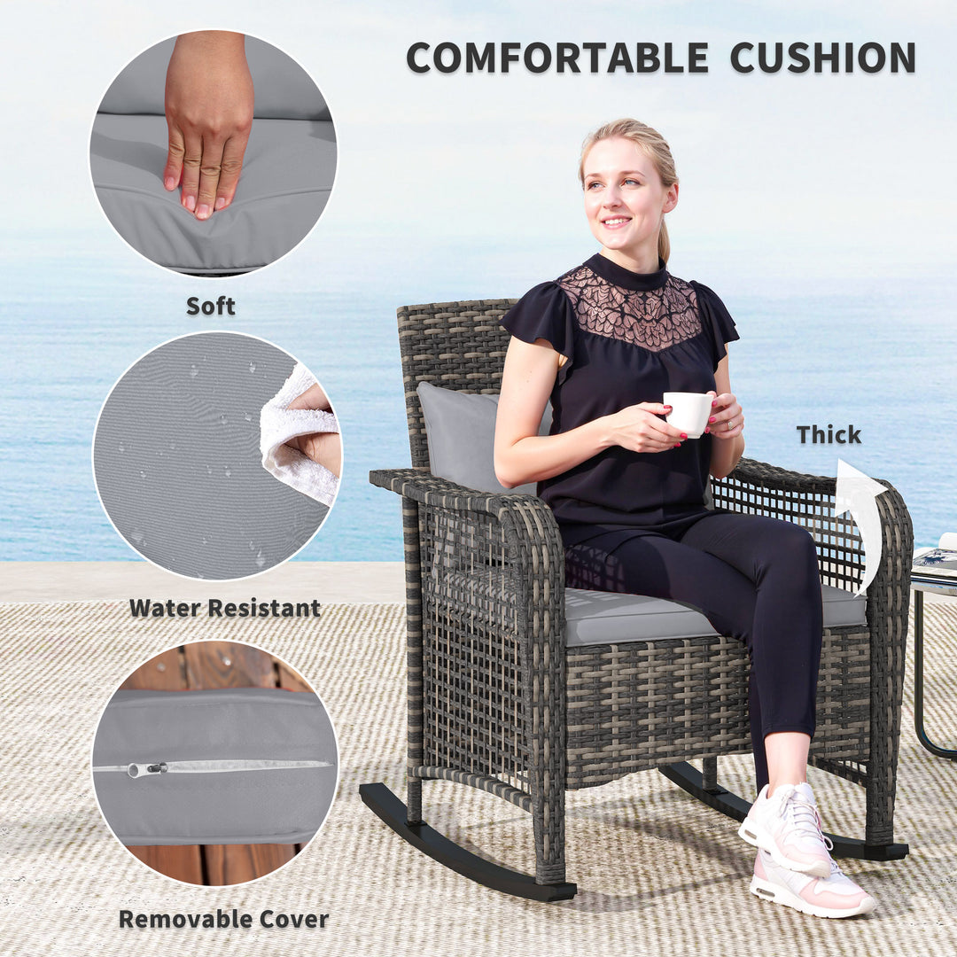 Garden Rocking Chair, Outdoor Rattan Rocker Lounge Chair with Seat and Back Cushions, Patio Armchair Seat with All-weather Wicker, Steel Frame for Porch Balcony, Light Grey