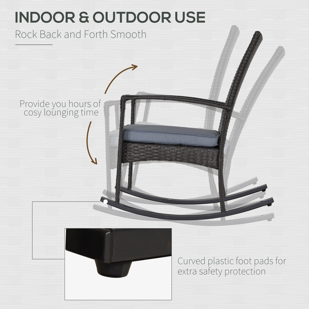 Outdoor PE Rattan Rocking Chair, Garden Rocking Chair Set with Armrest and Cushion, Grey