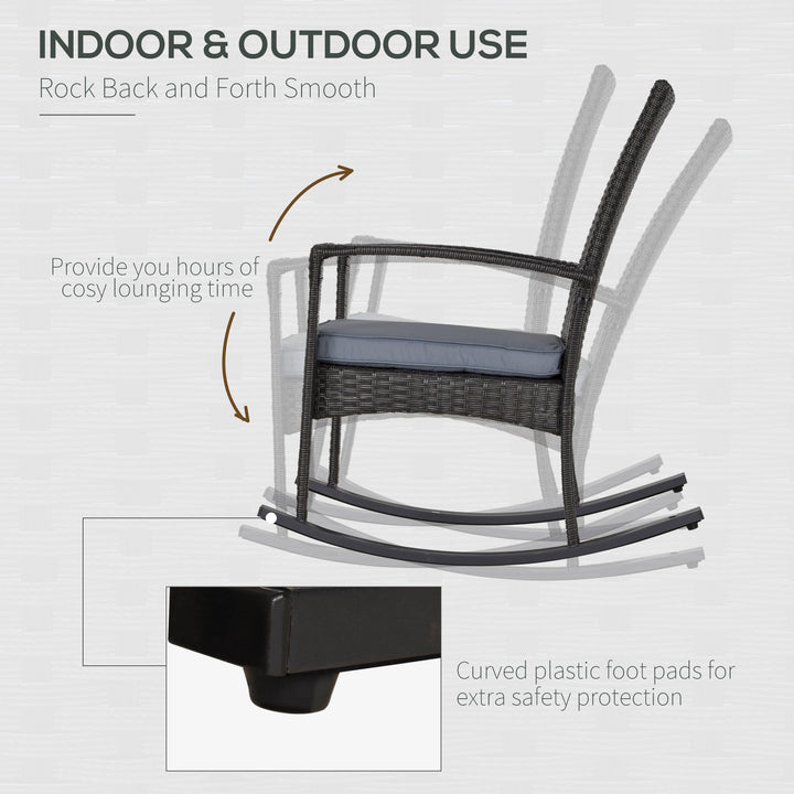 Outdoor PE Rattan Rocking Chair, Garden Rocking Chair Set with Armrest and Cushion, Grey