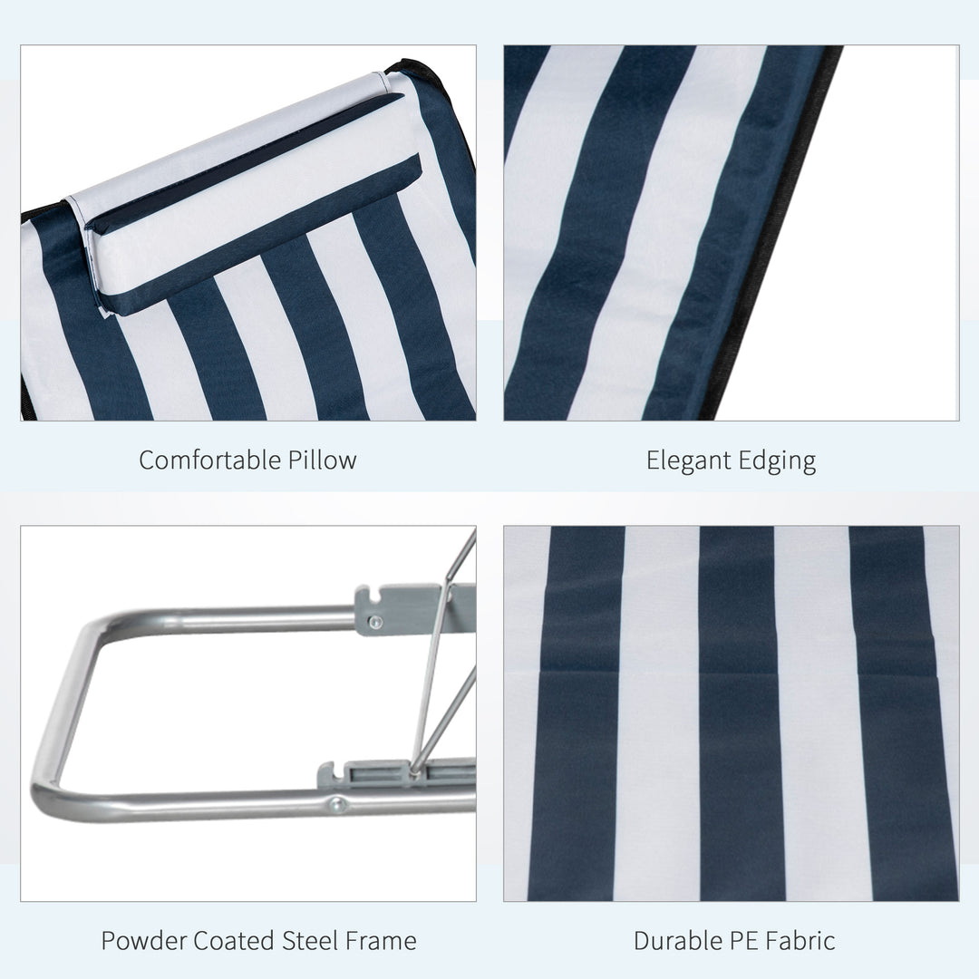 MCL Set of 2 Foldable Garden Beach Chair Mat Lightweight Outdoor Sun Lounger Seats Adjustable Back Metal Frame PE Fabric Head Pillow w/ Carry Bag, Blue