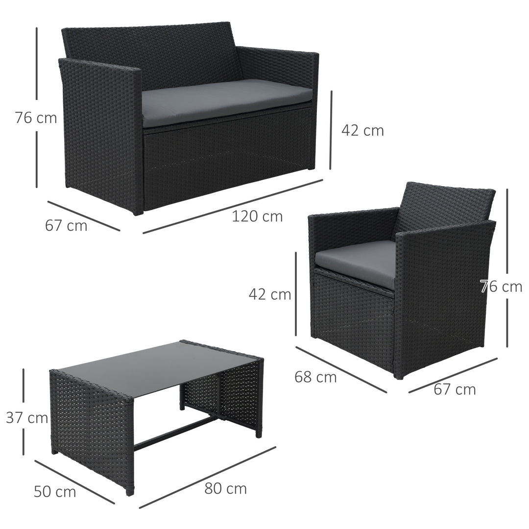 4 Pieces PE Rattan Garden Sofa Set with Cushions, Outdoor Patio Wicker Weave Conservatory Furniture Set with a Loveseat, 2 Armchairs and a Glass Top Coffee Table, Black