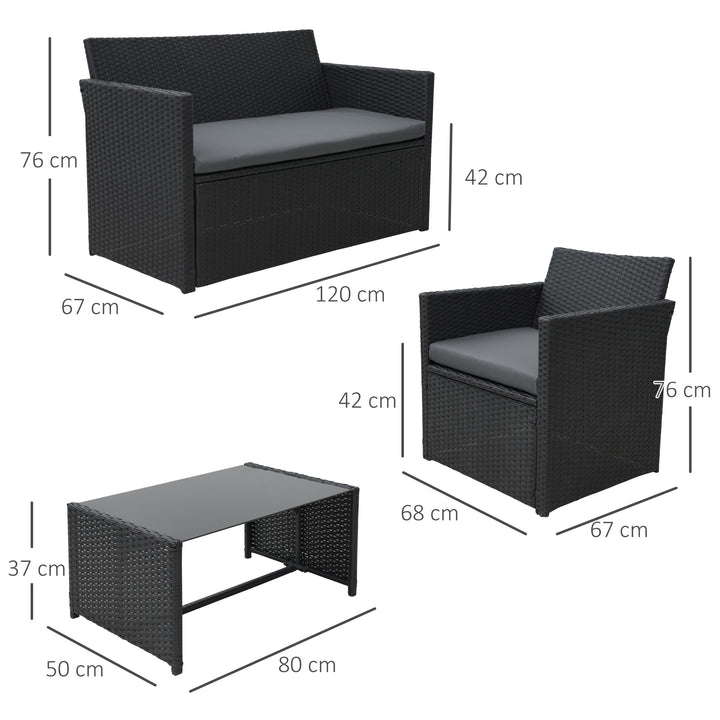 4 Pieces PE Rattan Garden Sofa Set with Cushions, Outdoor Patio Wicker Weave Conservatory Furniture Set with a Loveseat, 2 Armchairs and a Glass Top Coffee Table, Black