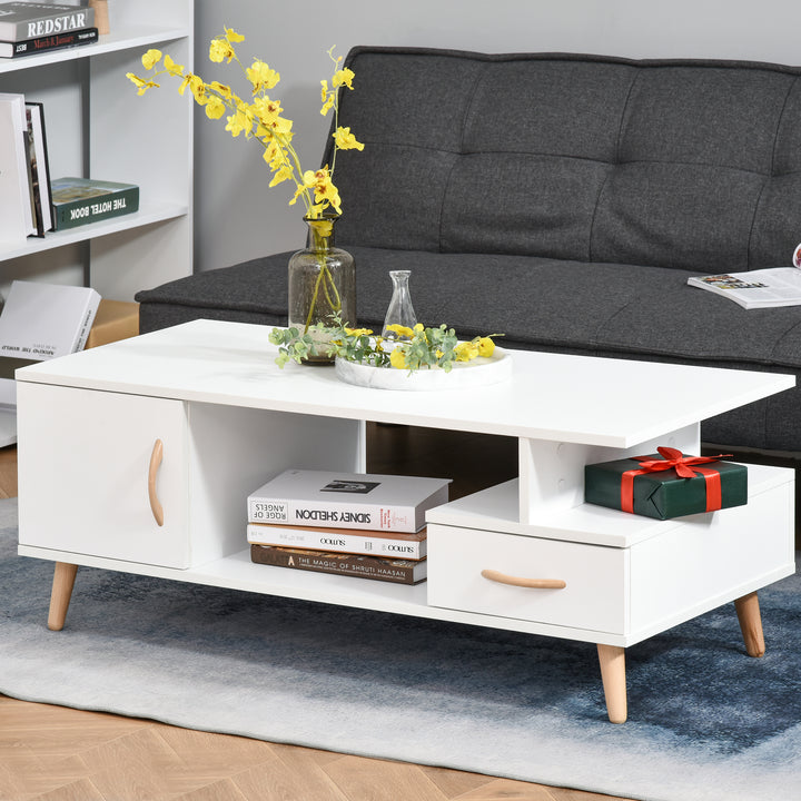 HOMCOM Modern Minimalism Coffee Table with Storage, Sofa Side Table with Shelf & Drawer for Living Room Reception Room, White