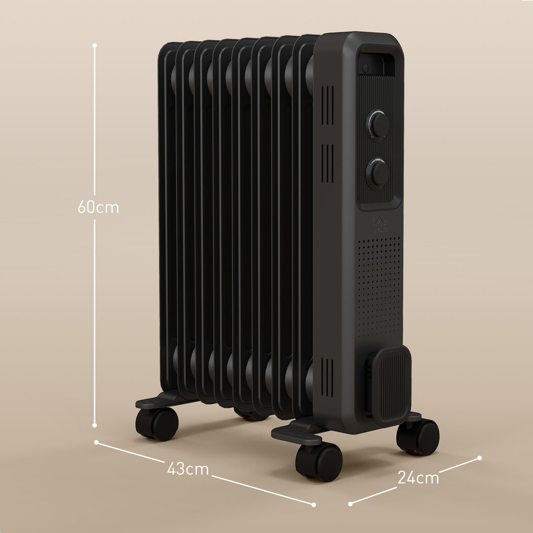 HOMCOM 2000W Oil Filled Radiator, 9 Fin, Portable Electric Heater with 3 Heat Settings, Safety Cut-Off and Wheels, Grey