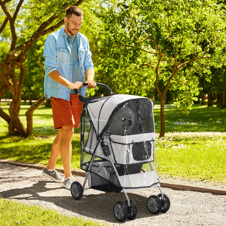 Dog Stroller with Rain Cover for Small Miniature Dogs, Folding Pet Pram with Cup Holder, Storage Basket, Reflective Strips, Grey