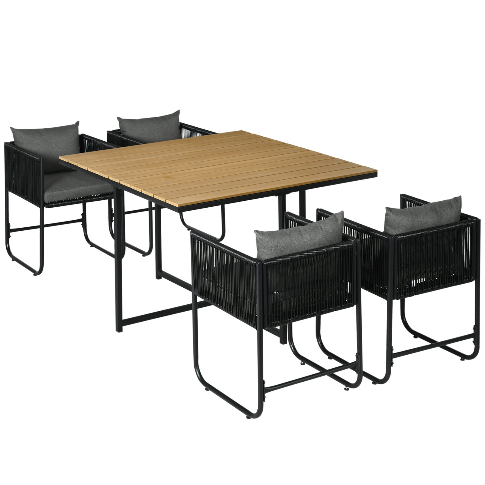 4 Seater Rattan Cube Garden Furniture Set, Rattan Dining Set with Cushions, Outdoor Dining Table and Chairs with Rectangular Wood Grain Plastic Top Table for Patio, Balcony, Black