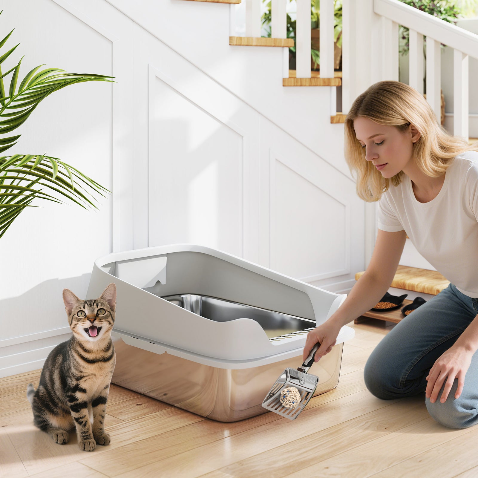 XL Stainless Steel Cat Litter Box with High Sides, Metal Scoop, 60 x 40 x 30 cm