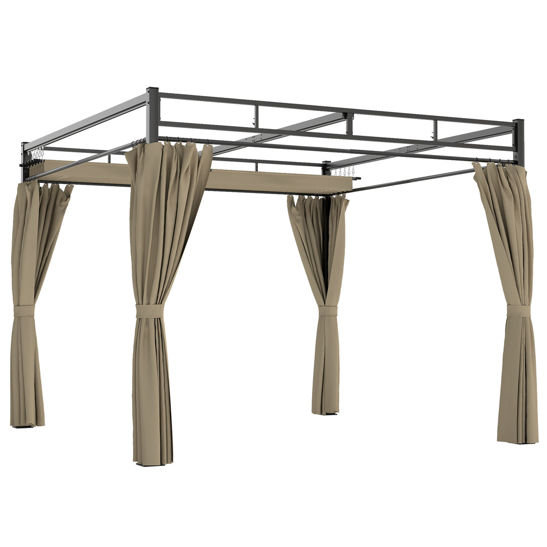 3 x 3 m Pergola with Retractable Roof Canopy and Curtains, UPF30+ Metal Frame Garden Pergola Gazebo Sun Shade