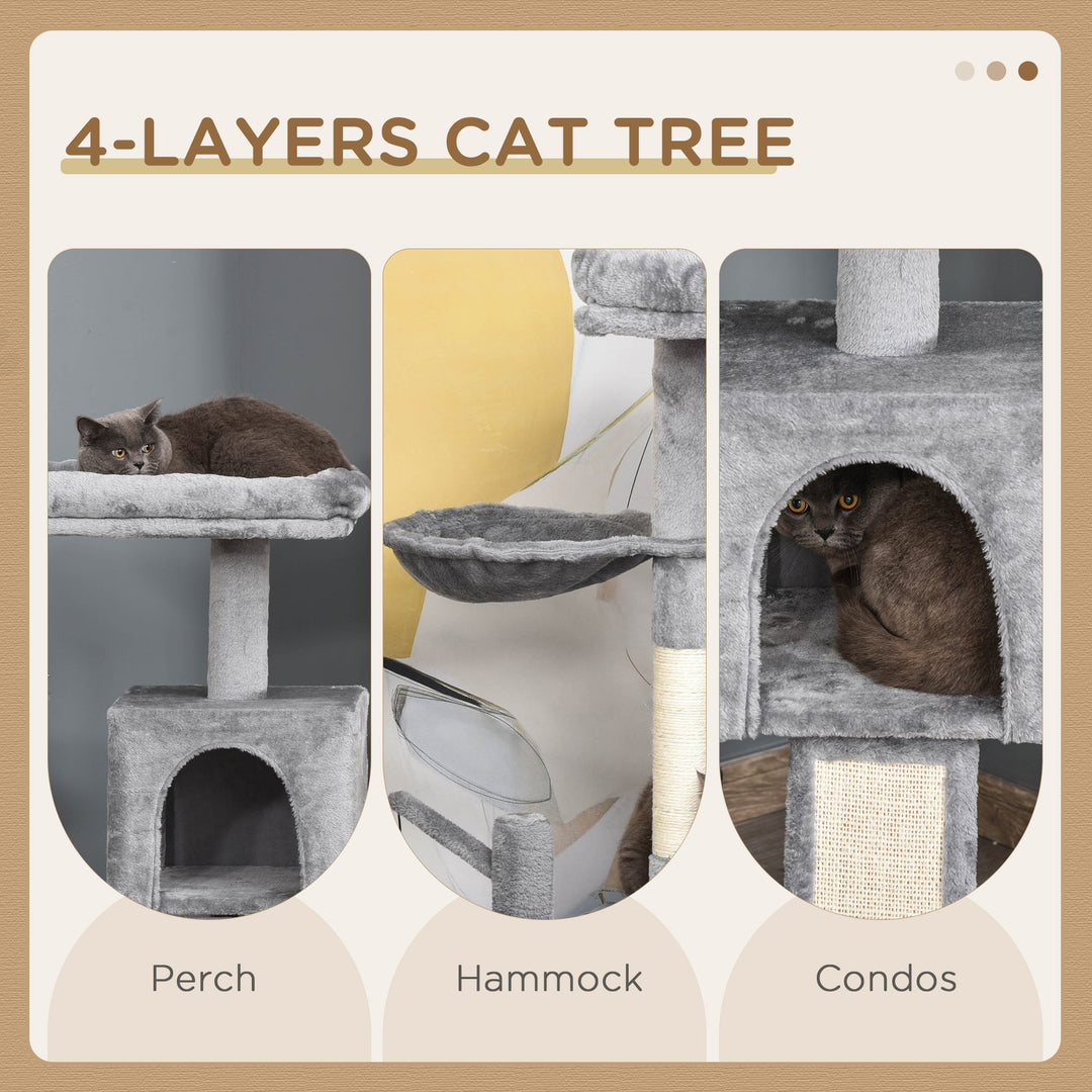 Cat Tree Tower for Indoor Cats, 111cm Kitten Activity Centre with Scratching Post Pad Hammock Condo Bed Ball Toy, Grey