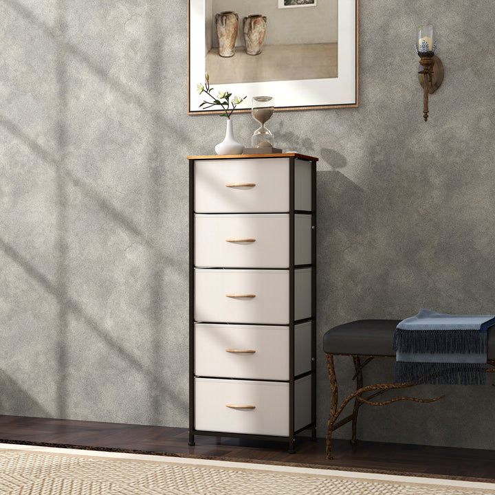Fabric Chest of Drawers, Industrial Bedroom Dresser with 5 Fabric Drawers, Steel Frame and Wooden Top for Nursery, Living Room, Hallway, Cream White