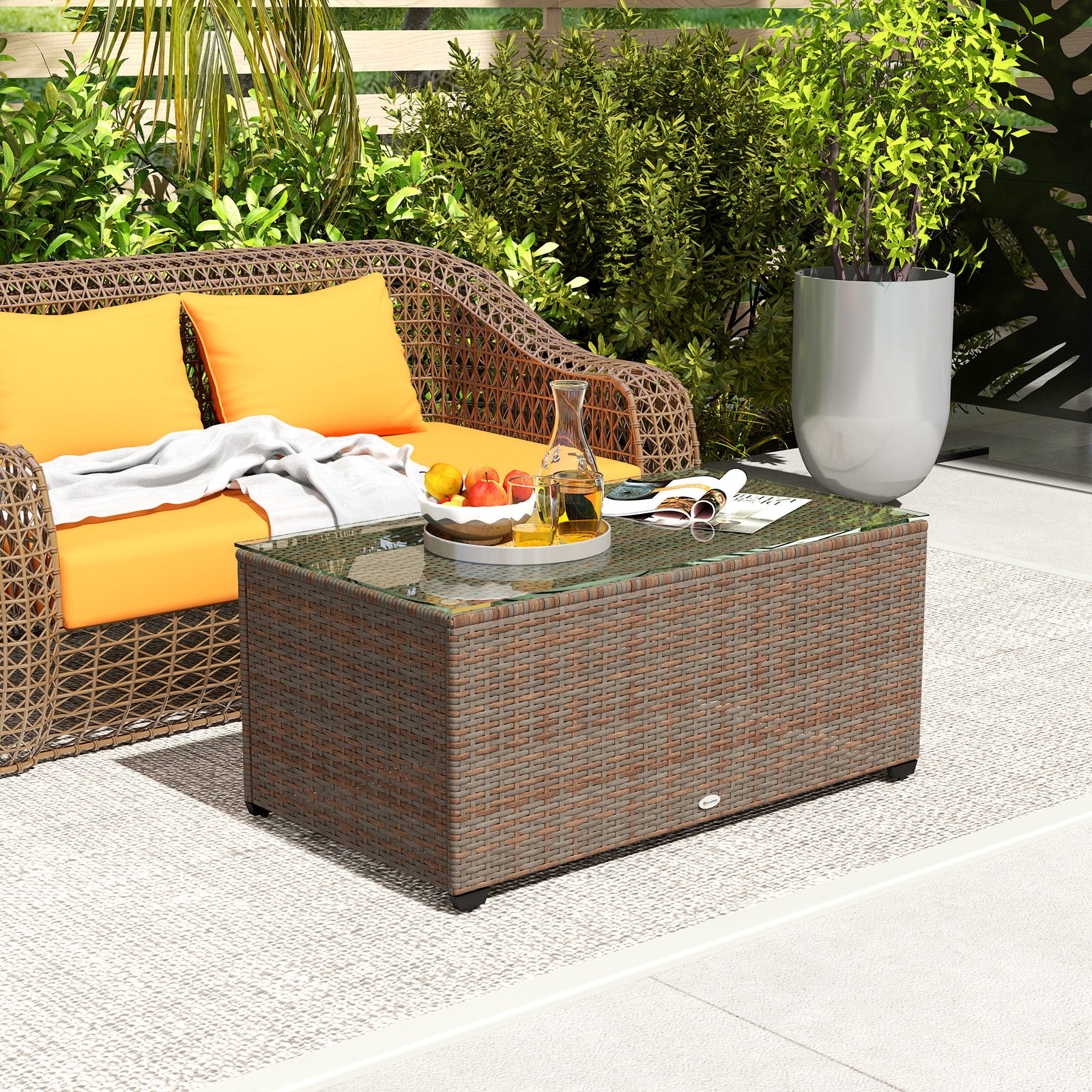 90 x 50cm Glass-Top Rattan Side Table - Brown