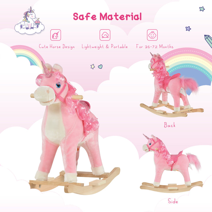 Kids Plush Rocking Horse Ride On Unicorn w/ Sound Moving Mouth Wagging Tail Children Rocker Toy Gift 3-6 Years Pink