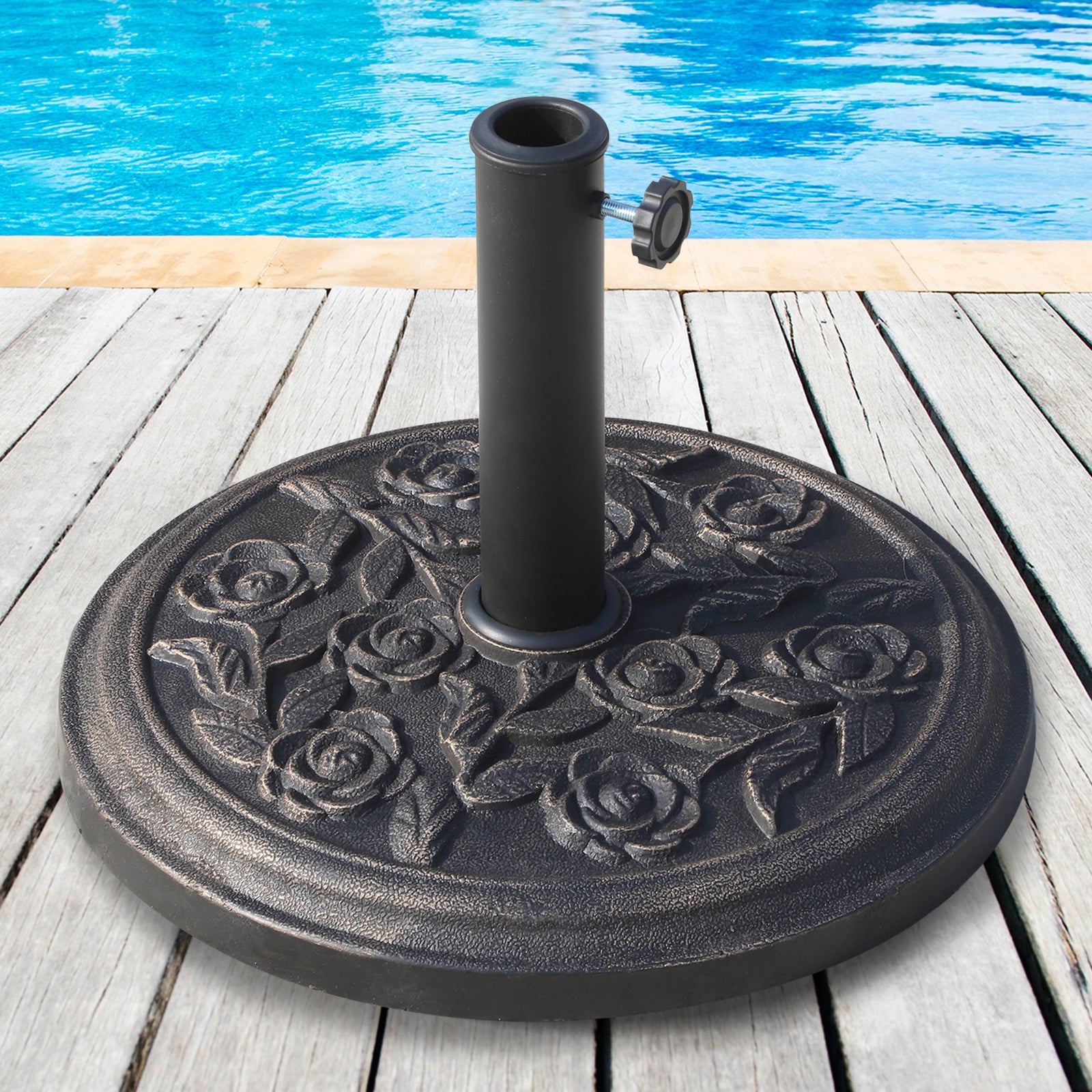 9kg Garden Parasol Base, Round Resin Cast Iron Effect Sun Umbrella Base, Outdoor Umbrella Stand for 38mm or 48mm Outdoor Umbrella Poles, Bronze Tone