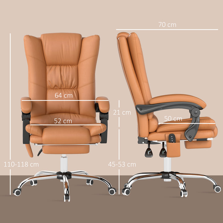 High Back Vibration Massage Office Chair, Heated Reclining PU Leather Computer Chair with 135° Reclining Back and Footrest, Light Brown
