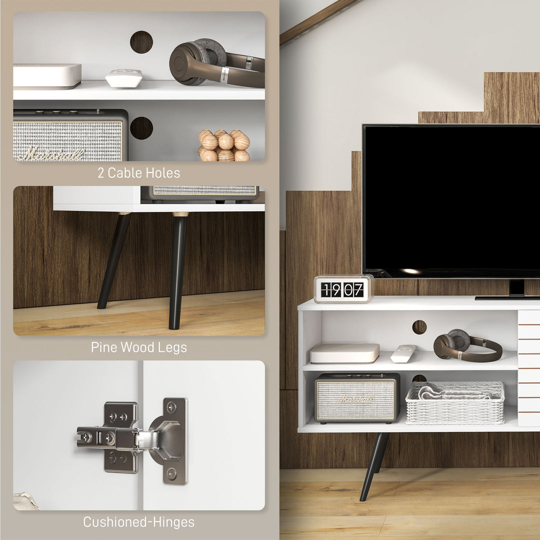 TV Stand with Cupboard, Open Shelves, Striped Doors, Wooden legs, White
