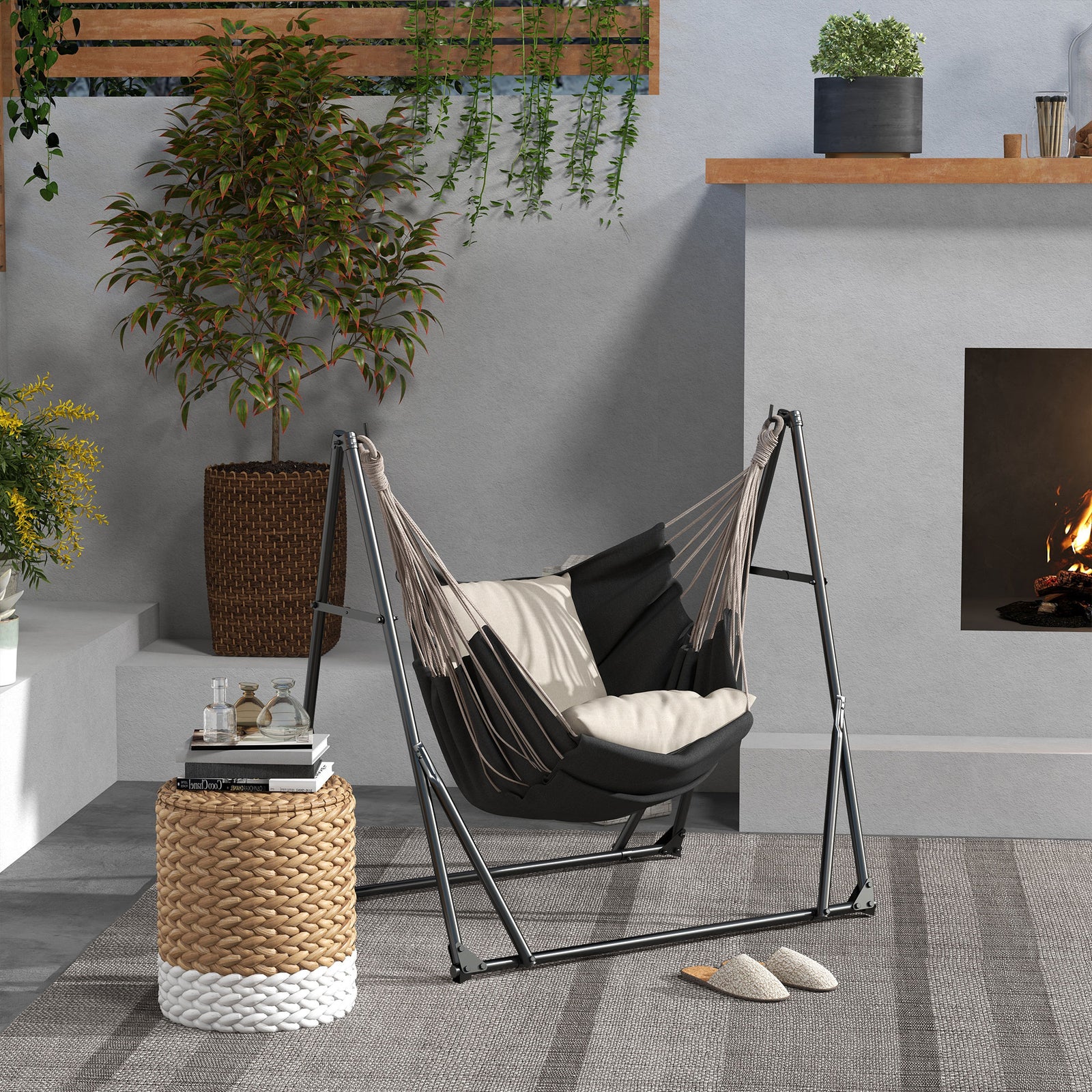 Foldable Hammock Stand, Portable Hammock with Metal Frame, 2 in 1 Hammock Net Stand, Hammock Chair Stand with Carry Bag, Load Capacity 120kg, for Patio, Garden, Yard, Black