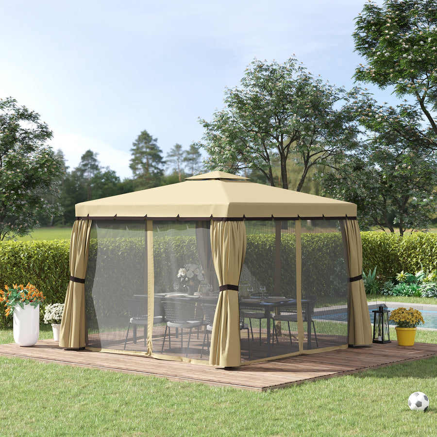 3 x 3(m) Patio Gazebo Canopy Garden Pavilion Tent Shelter with 2 Tier Water Repellent Roof, Mosquito Netting and Curtains, Aluminium Frame, Beige