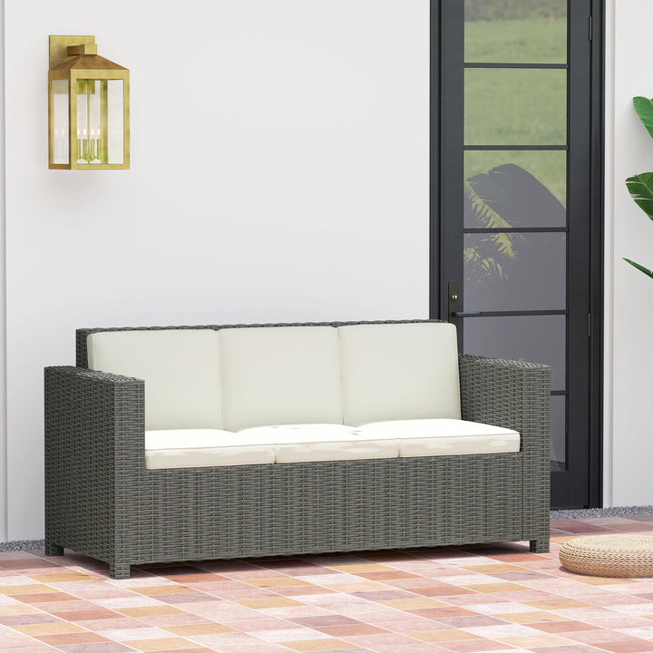 3 Seater Rattan Sofa All-Weather Wicker Weave Metal Frame Chair with Fire Resistant Cushio-Cream