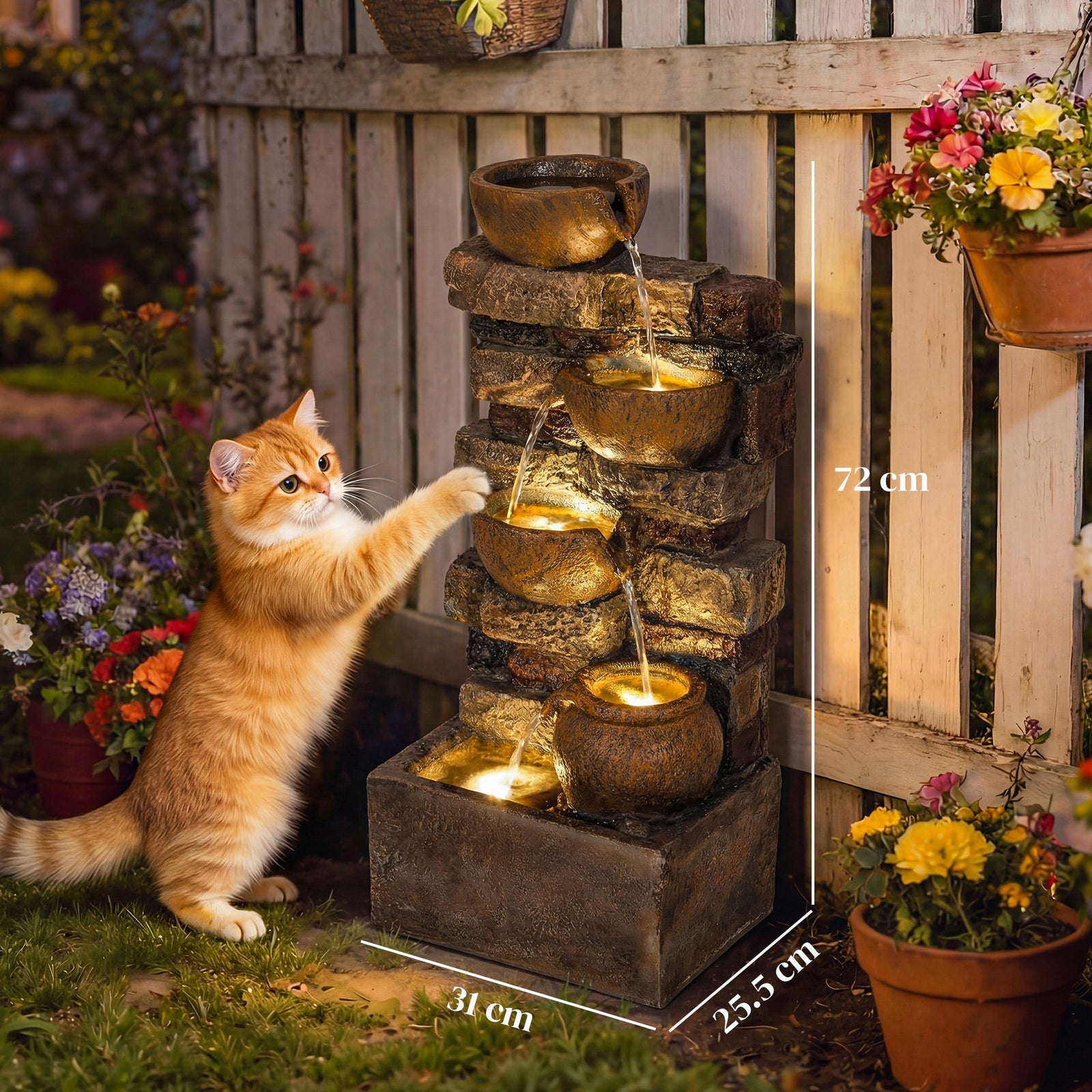 28" 5-Tier Outdoor Fountain, Cascading Waterfall Feature with LED Ligh