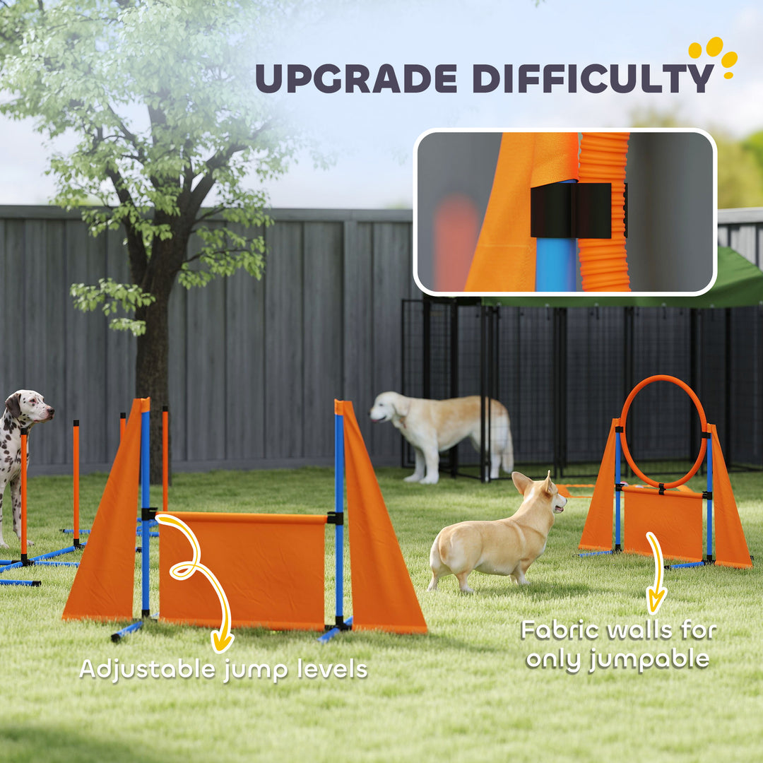 Seven-Piece Dog Agility Equipment Set with Weave Poles, Jump Ring, Hurdle, Pause Box, Carry Bag, Orange