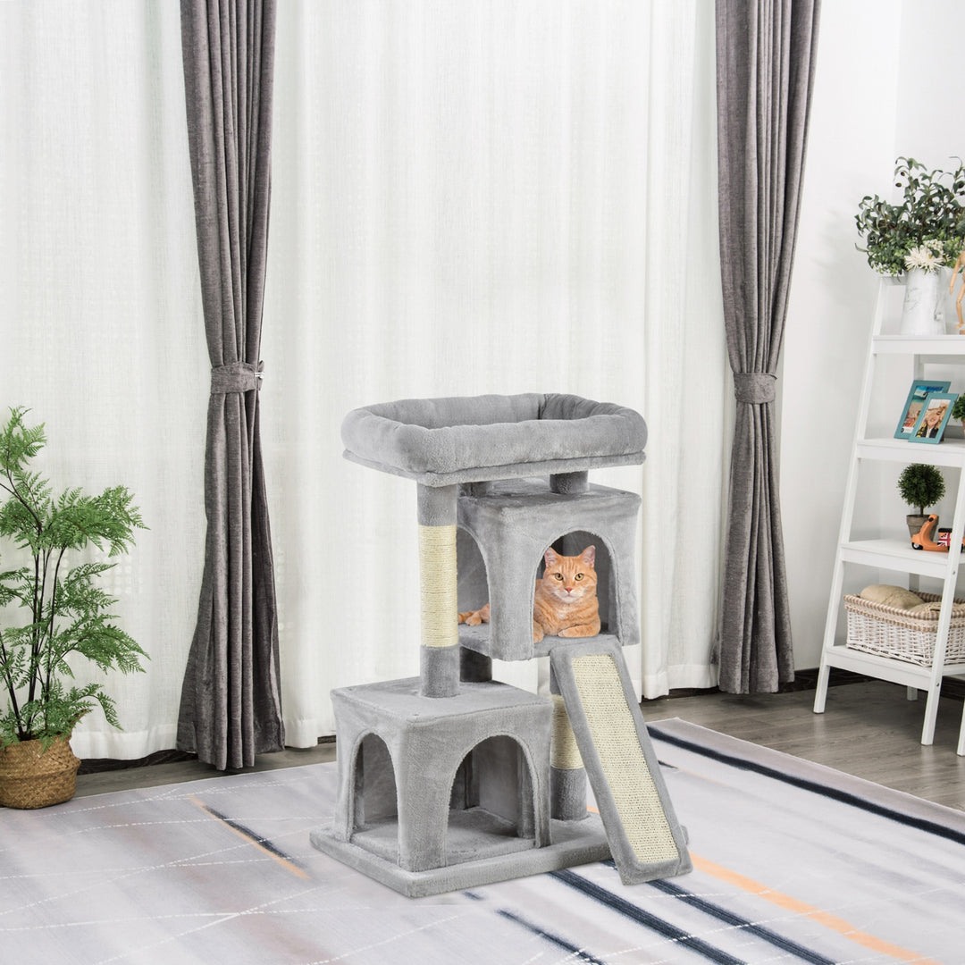 PawHut Feline Fortress: 3-Tier Cat Tower with Sisal Scratchers, Leisure Lounge in Light Grey | Aosom UK