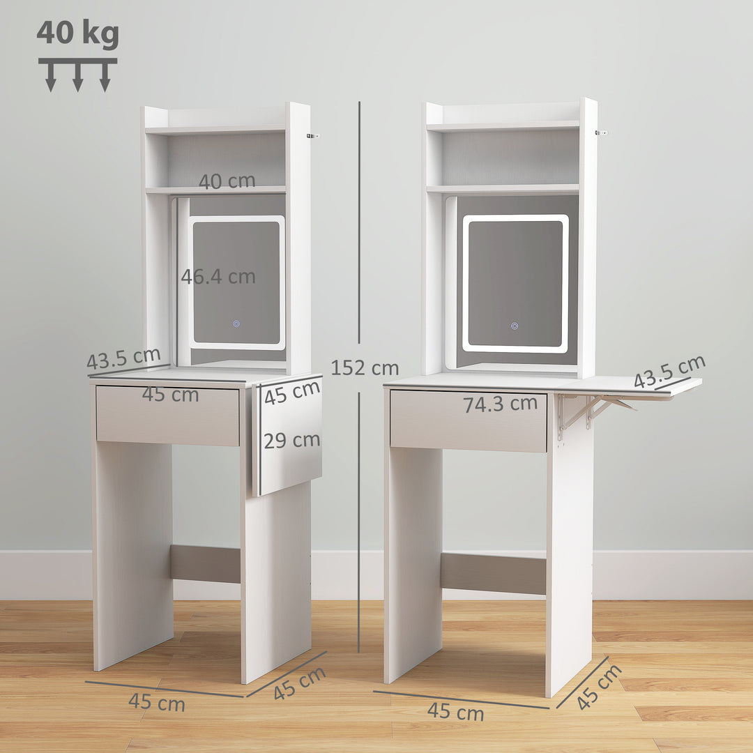 Small Vanity Desk with Mirror and LED Lights, Compact Dressing Table with Drop Leaf, Open Shelves and Drawer, White