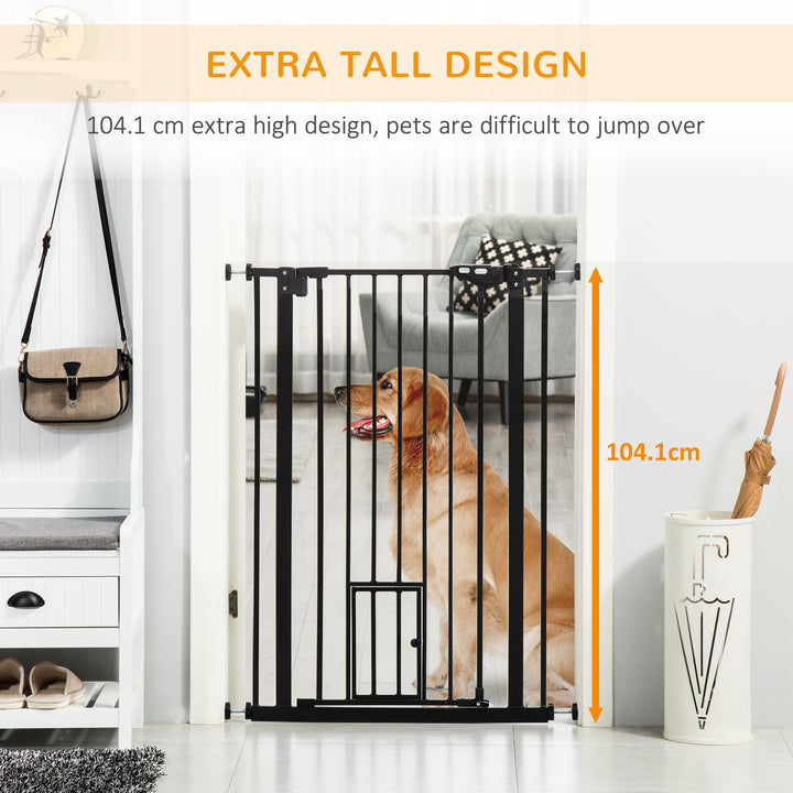 PawHut Extra Tall Pet Gate, Indoor Dog Safety Gate, with Cat Flap, Auto Close, 74-101cm Wide - Black