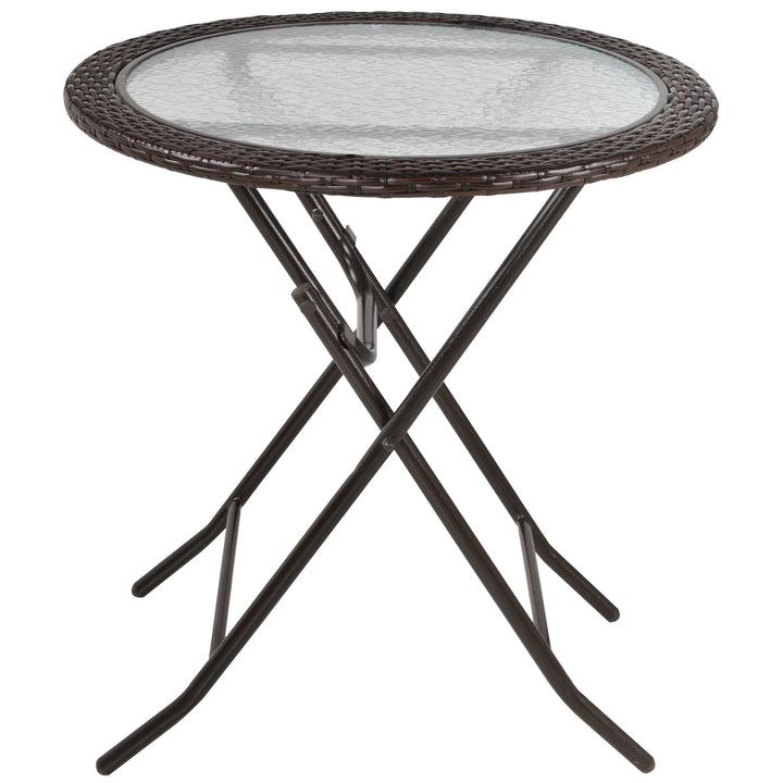 Outsunny Folding Round Tempered Glass Metal Table with Brown Rattan Edging | Aosom UK