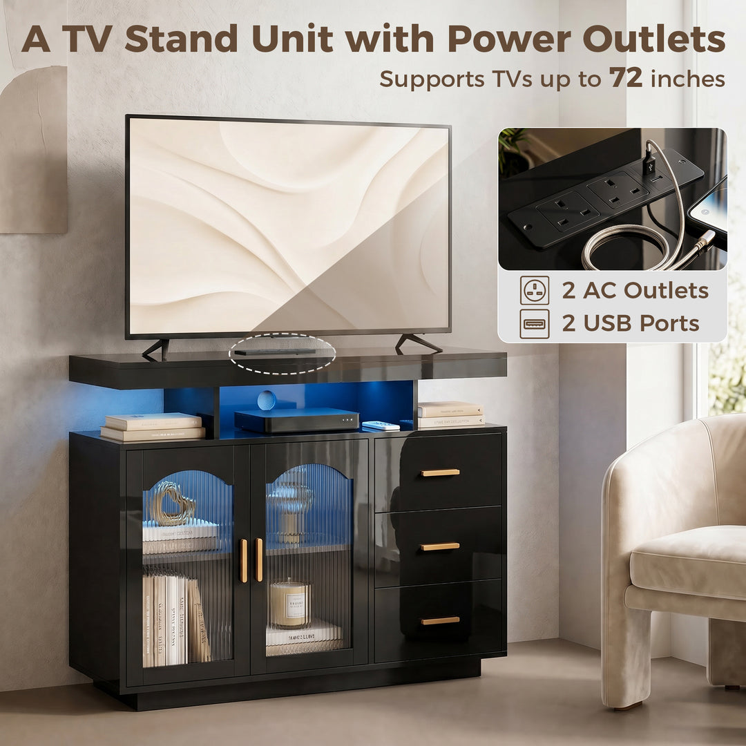 High Gloss Sideboard with LED Lights, Built-in Power Outlets, 3 Drawer