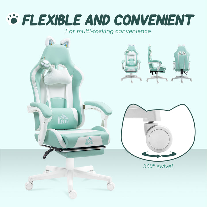 Cat Ear and Paw Reclining Office Chair, with Footrest - Light Blue/White