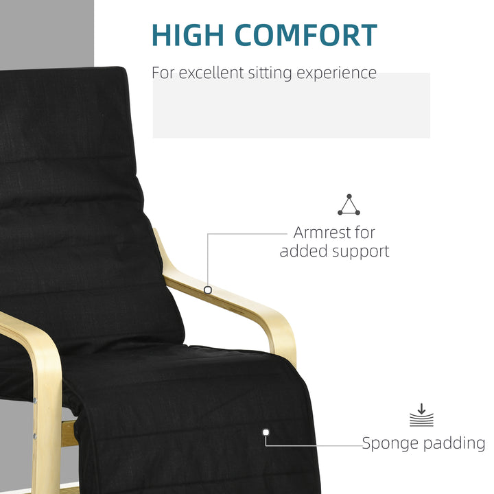 Wooden Armchair, Upholstered Linen Lounge Chair with Adjustable Footrest & Removable Cushion, Poang Chair for Living Room, Black