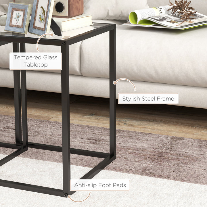 Nesting Tables Set of 2, Side End Table with Tempered Glass Top and Steel Frame for Living Room, Bedroom, Black