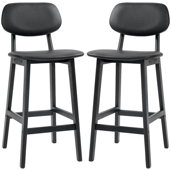 HOMCOM Bar Stools Set of 2, Modern Breakfast Bar Chairs, Faux Leather Upholstered Counter Bar Stool with Backs and Wood Legs, Black | Aosom UK