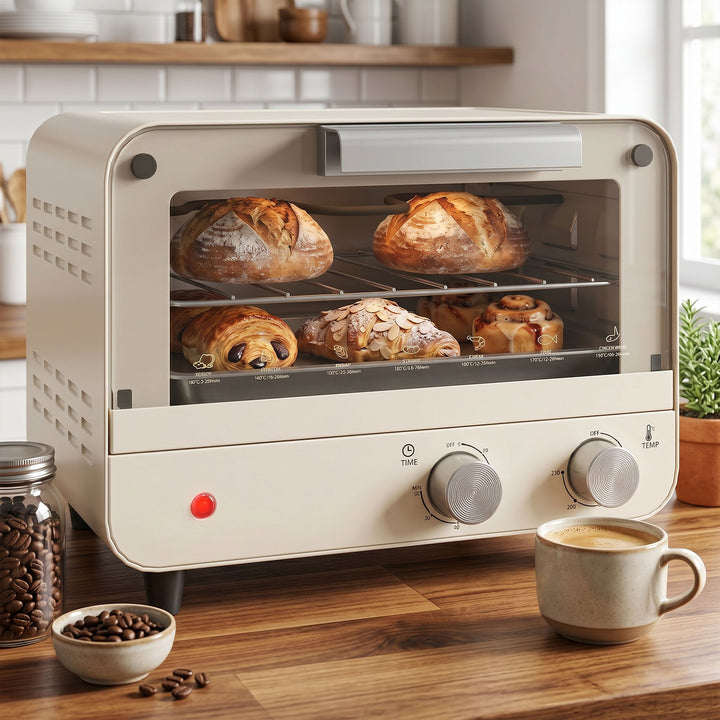 Mini Oven, Small Toaster Oven with Glass Door, Adjustable Temperature 