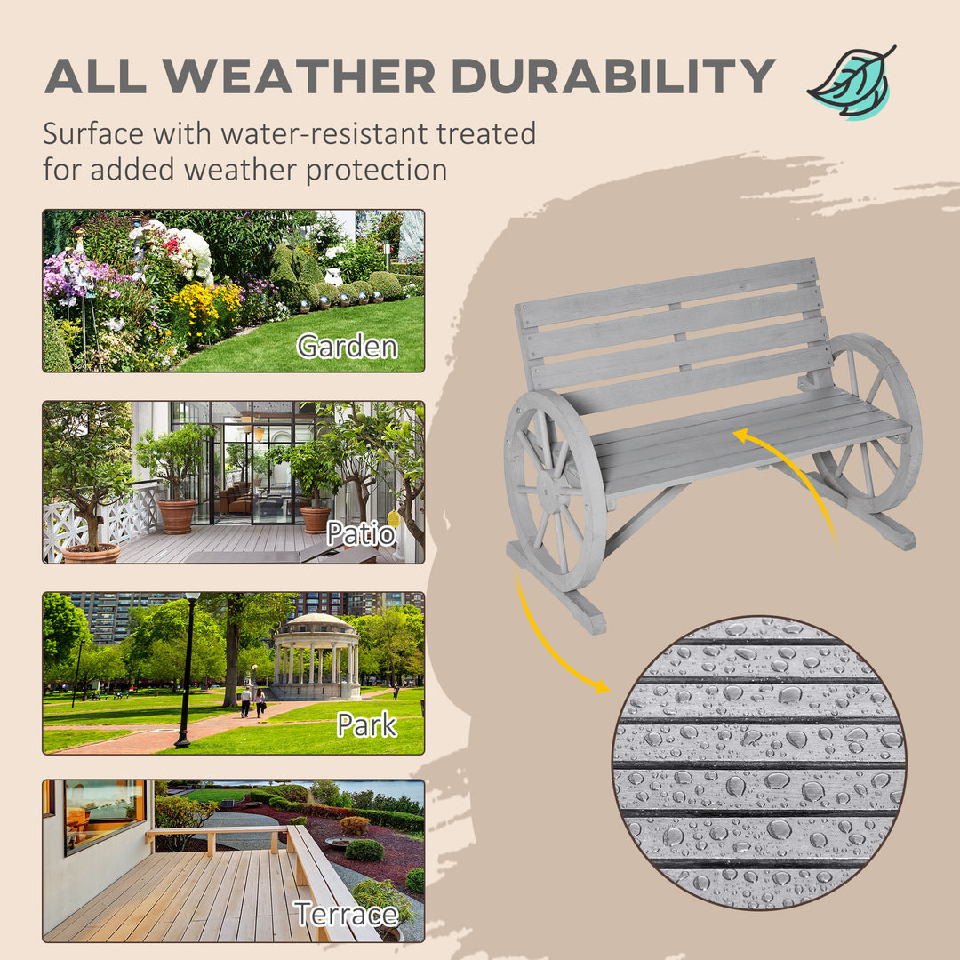 Wooden Cart Wagon Wheel 2 Seater Garden Bench Outdoor Garden Armrest Chair Rustic High Back Loveseat Grey
