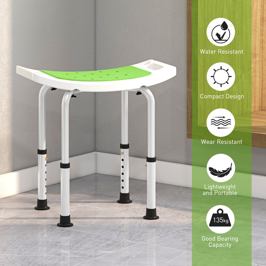 HOMCOM 6-Level Height Adjustable Aluminium Bath Room Stool Chair Shower Non-Slip Design w/ Padded Seat Drainage Holes Foot Pad, Green | Aosom UK