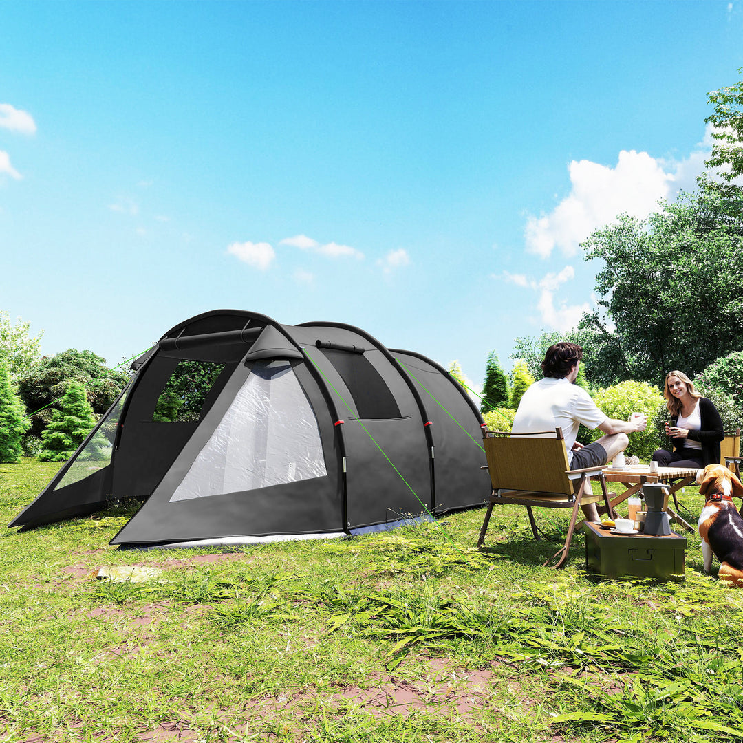 3-4 Man Tunnel Tent, Two Room Camping Tent with Windows, Portable Carry Bag, for Fishing, Hiking, Sports, Festival - Black