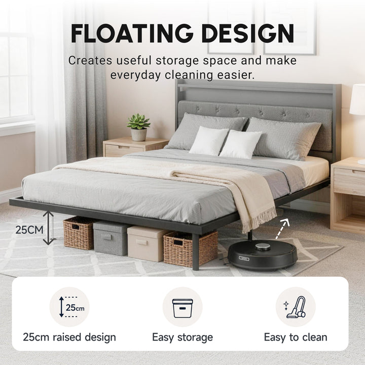 Floating Bed Frame, Upholstered 5ft King Size Bed, Platform Bed with R