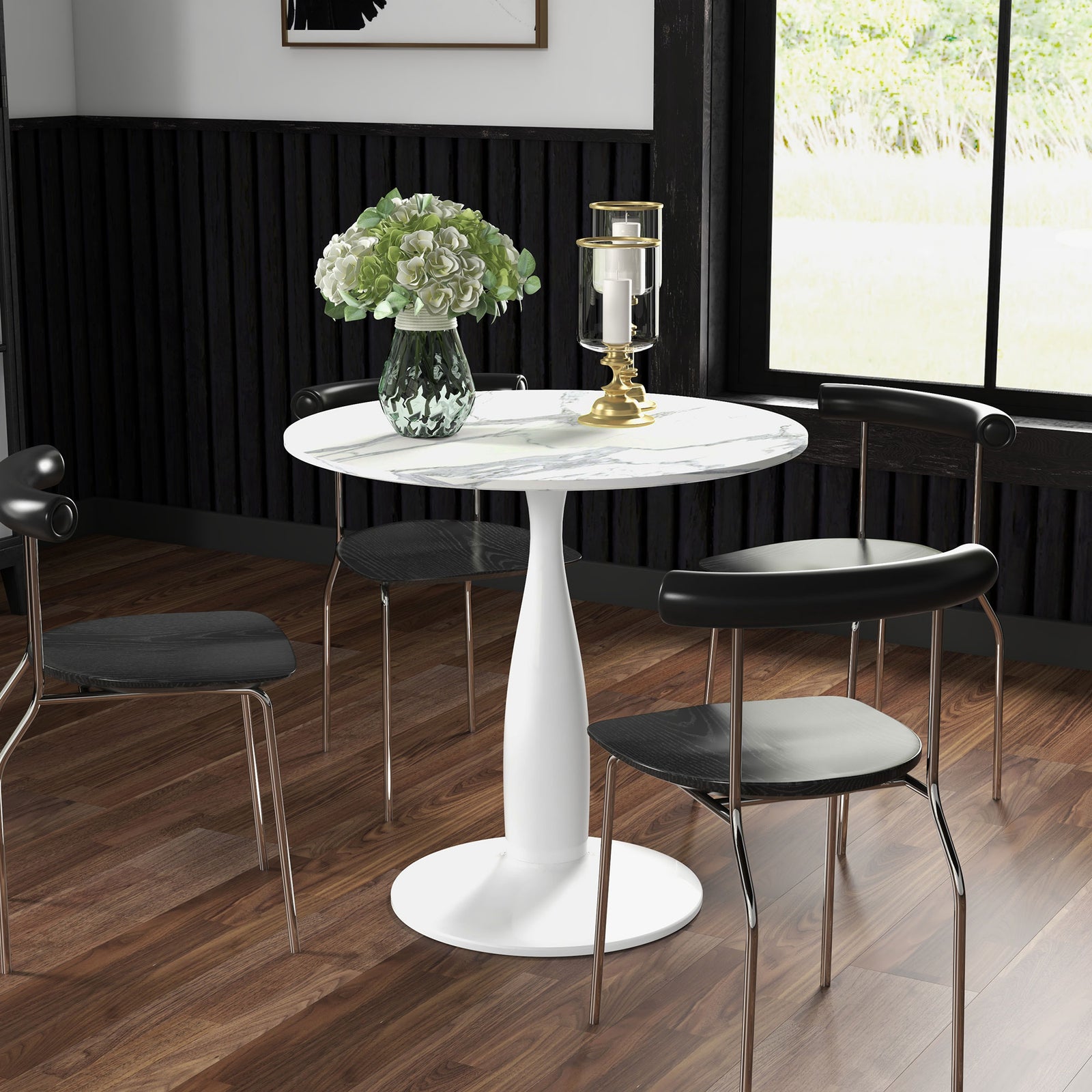 Small 2-Person Dining Table, Elegant Design Table with Steel Base and Non-slip Foot Pad, White and Grey